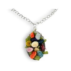 Multicolor Fabric Roses Victorian OOAK Modern Oval Silvertone Necklace 17”